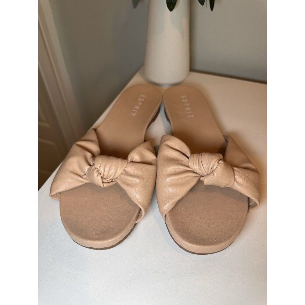 Esprit Tyla Nude Beige Faux Leather Knotted Bow Slide Sandals Women's Size 10 M